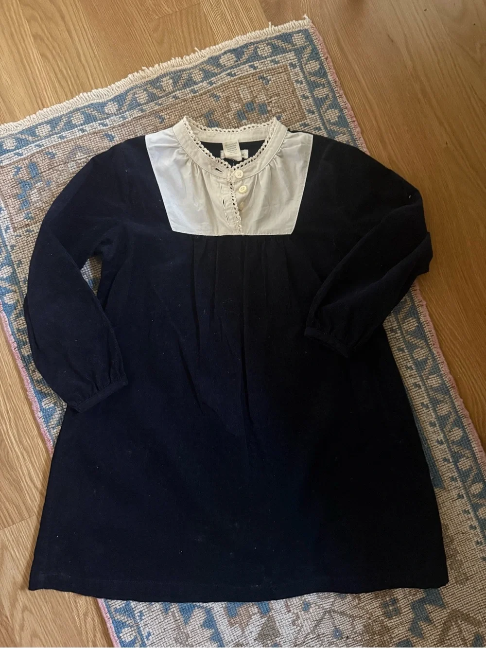 Classic Navy Long-Sleeve Dress with White Bib Detail